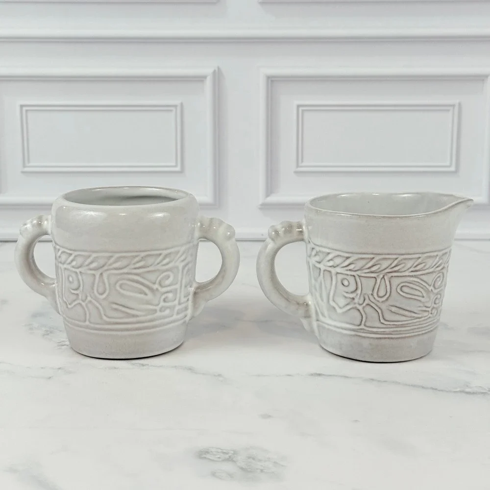 VTG Frankoma Pottery Mayan Aztec Pattern Sugar and Creamer